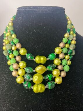 JAPAN Green & Gold Multi-Strand Beaded Necklace